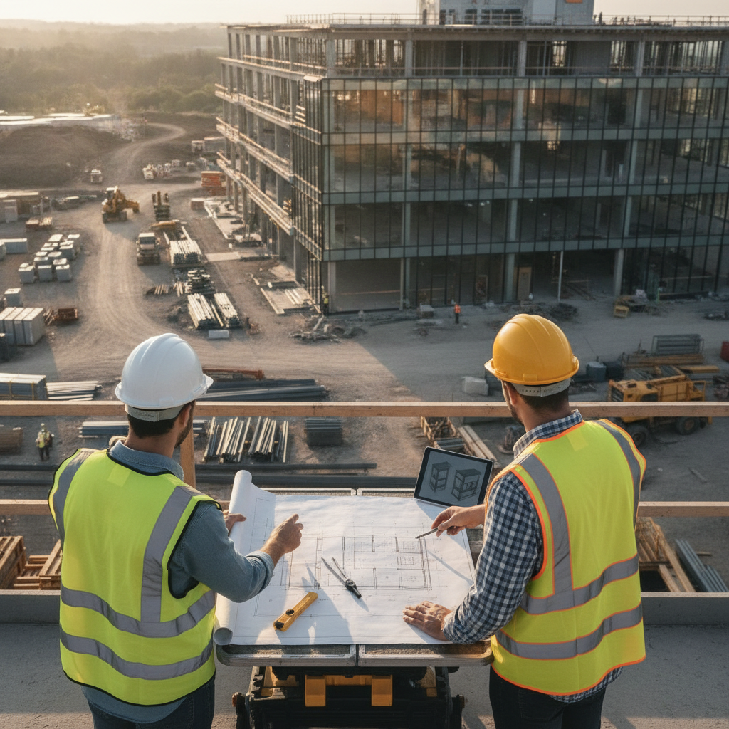 Create a realistic, professional service-business photograph showing Architectural Consultation from behind, with the backs of their heads visible. Do not show any faces, facial features, front-facing views or side views, profiles, or ident