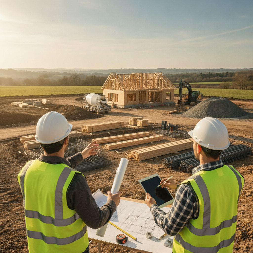 Create a realistic, professional service-business photograph showing Custom Home Design from behind, with the backs of their heads visible. Do not show any faces, facial features, front-facing views or side views, profiles, or identifiable