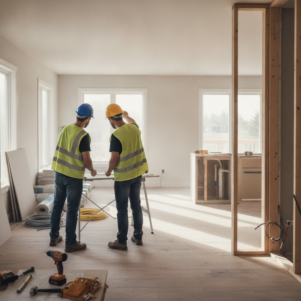 Create a realistic, professional service-business photograph showing Home Renovation Design from behind, with the backs of their heads visible. Do not show any faces, facial features, front-facing views or side views, profiles, or identifia