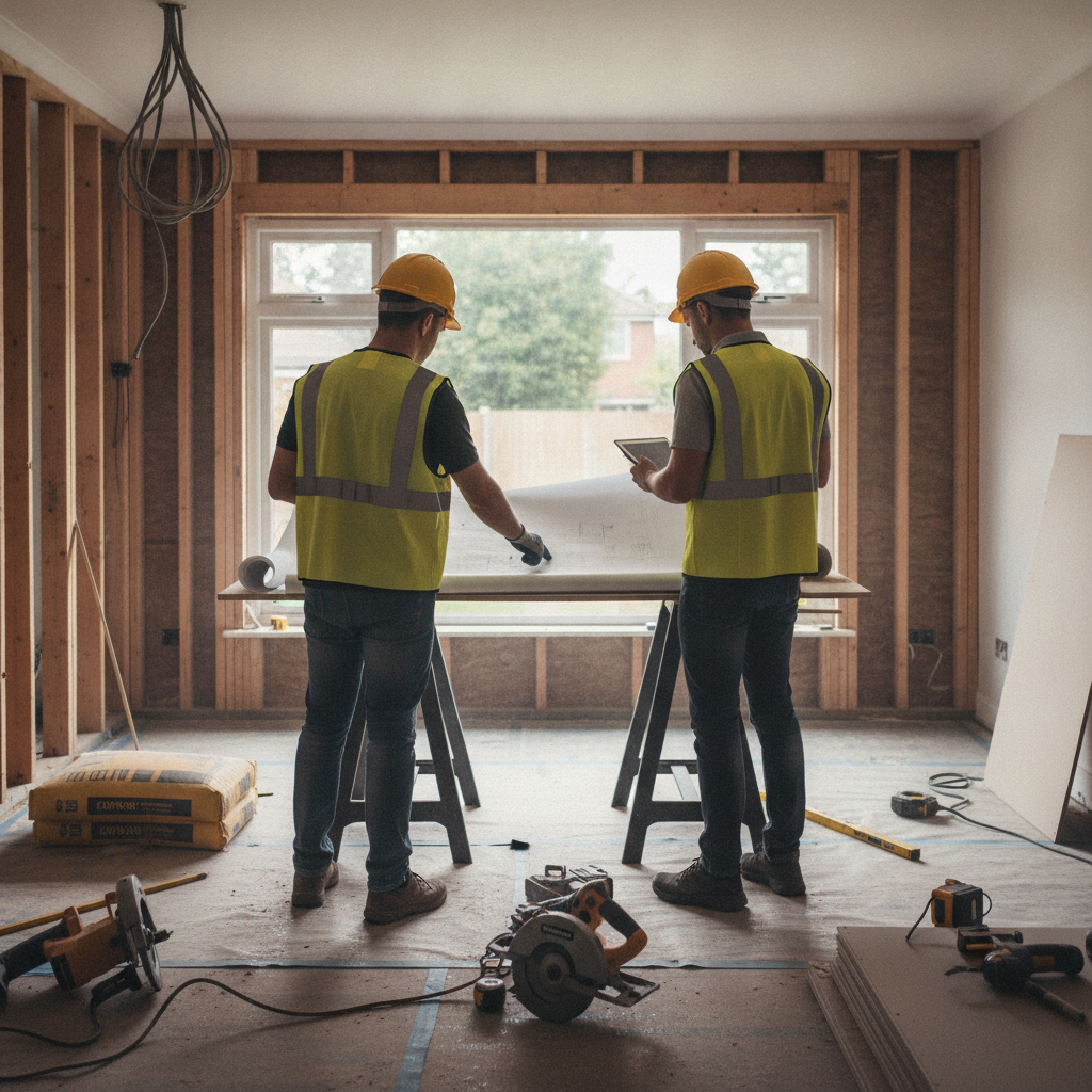 Create a realistic, professional service-business photograph showing Home Renovation Design from behind, with the backs of their heads visible. Do not show any faces, facial features, front-facing views or side views, profiles, or identifia